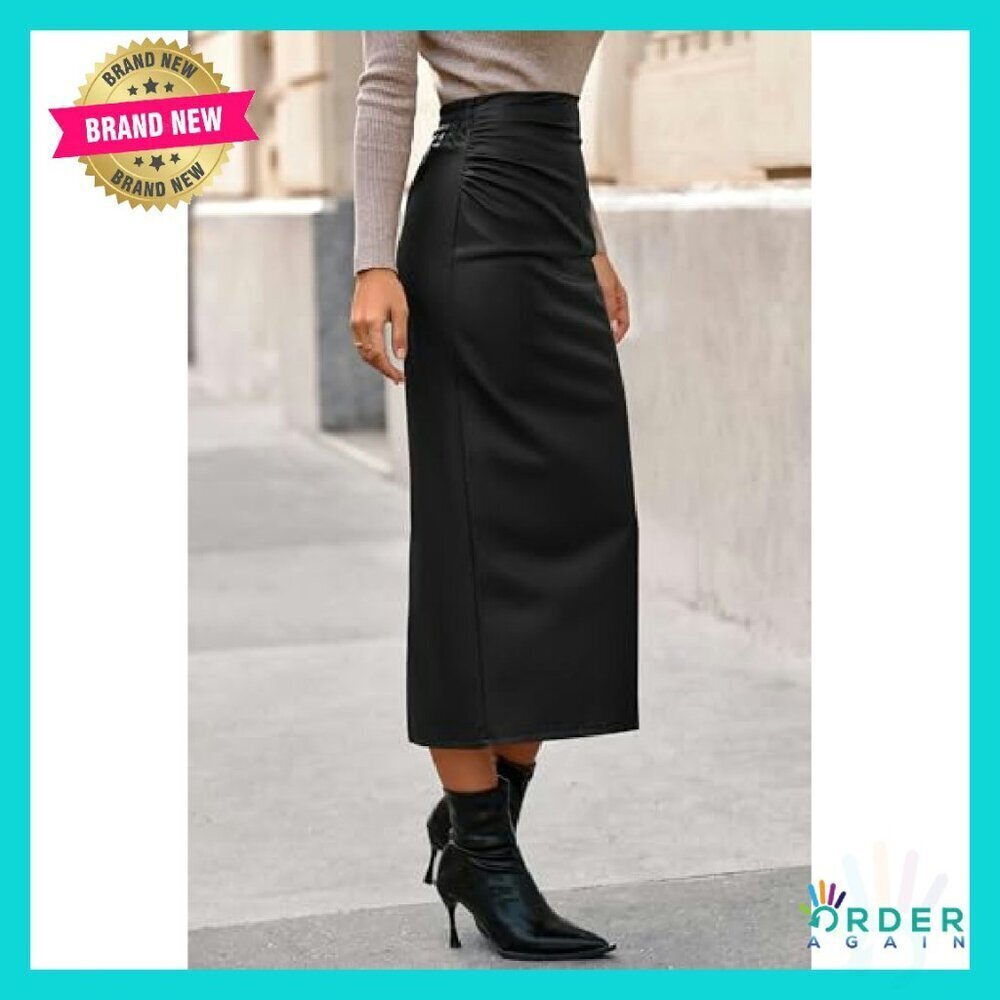 Leather Pencil Skirt Bodycon Midi Chic Elegant Work Casual Back Slit - Picture 5 of 8